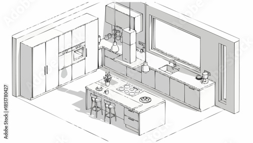 Modern Kitchen Design Sketch with Island and Large Window.