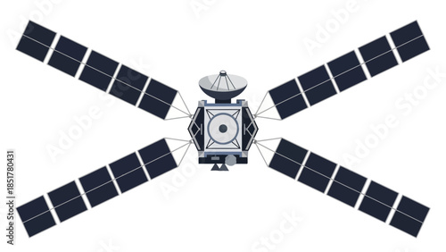 Stylized illustration of a dark blue and grey spacecraft with four extended solar panel arrays