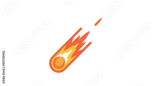 Stylized illustration of a fiery orange and yellow meteor streaking diagonally across a white background