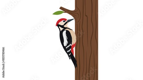 Stylized illustration of a Great Spotted Woodpecker clinging to a brown tree trunk