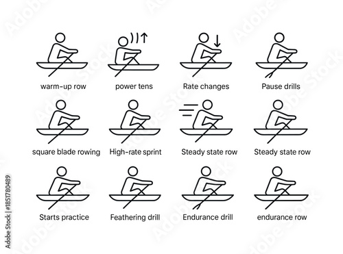 Rowing Training Icons. Rowing training drills. Line icon set of