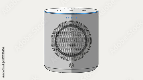 Stylized illustration of a gray cylindrical smart speaker with a front speaker grille