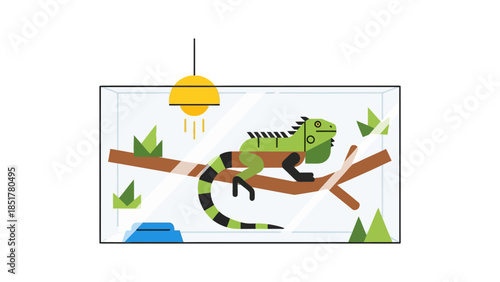 Stylized illustration of a green iguana in a glass terrarium with a heat lamp