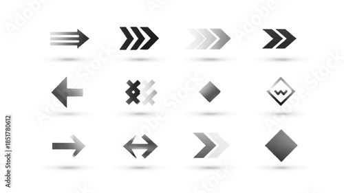 Collection of various metallic arrow and shape icons on white background