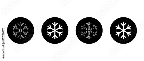 Snowflake icon set in black circle. Winter, cold weather, frost, and snow symbol