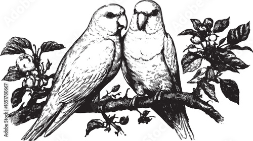 Illustration of two birds perched on a branch amidst floral elements. Detailed black and white vector illustration showcasing nature and elegant design.