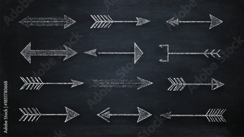 Collection of white chalk arrows drawn on blackboard surface