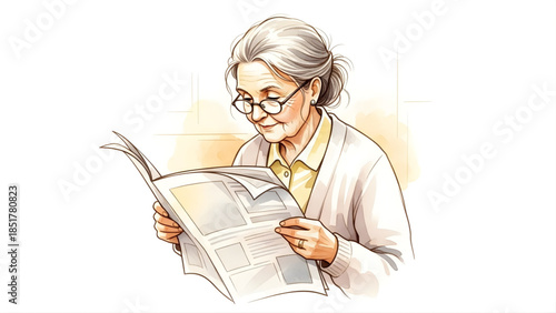 An elderly woman with glasses is reading a newspaper while wearing a sweater and blouse, illustrating a moment of quiet reflection or staying informed