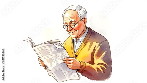 Elderly man with glasses reading a newspaper, illustration of retirement and information gathering