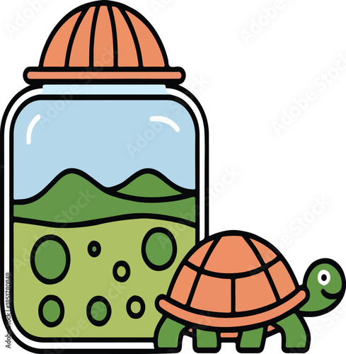 Cute cartoon turtle next to a miniature ecosystem terrarium jar.