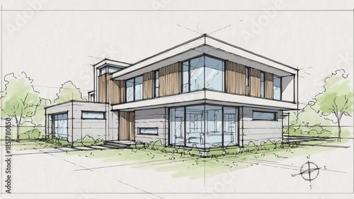 Modern Architectural House Design Sketch with Large Glass Windows.