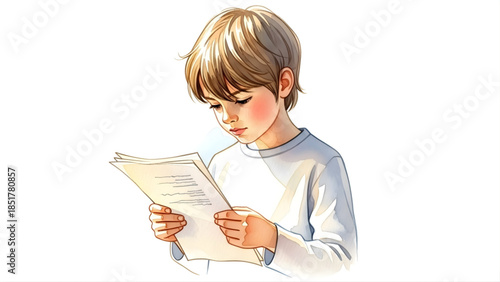 A Young Boy Focused on Reading a Document, Illustrating Concentration and Learning in Childhood Education