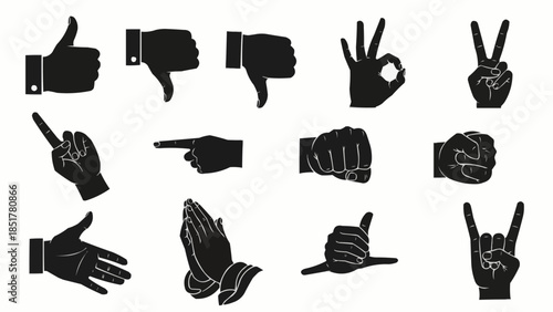 Collection of Diverse Hand Gestures and Signals in Silhouette Style.