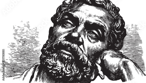 Pensive philosopher illustration in black and white. Classic vector art showcasing thoughtful emotion and intricate detail in this expressive set.