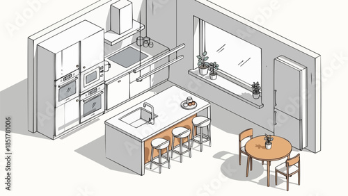 Modern Kitchen Island with Bar Stools and Dining Area Sketch.