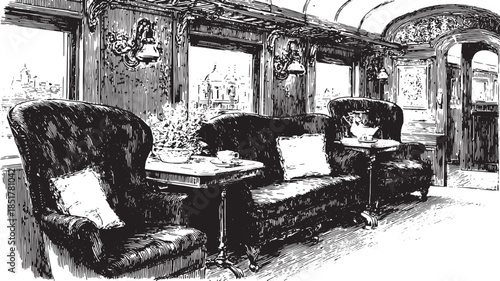 Vintage train car interior with cozy seating and elegant tables. Black and white vector illustration showcasing detailed design elements.