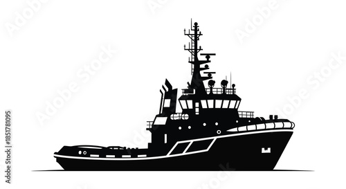 Detailed black silhouette of a large tugboat with tower navigating open waters silhouette
