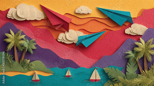 colorful paper cutout art of planes flying over tropical island landscape