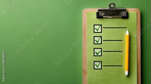 A green textured clipboard displays a checklist with four completed items indicated by green checkmarks and a yellow pencil rests on the right side of the clipboard against a plain green background.
