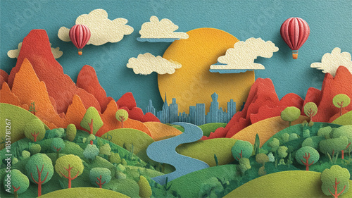 colorful paper cutout landscape with mountains river and hot air balloons