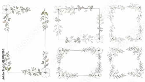 Collection of six elegant floral decorative borders and frames with botanical elements.