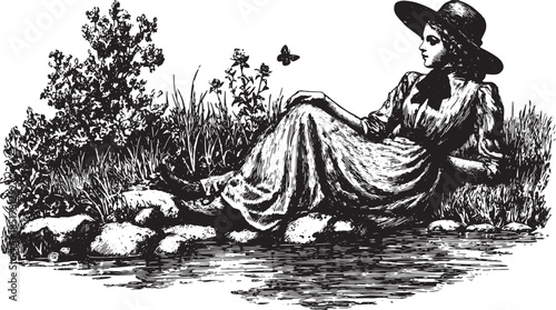 A woman in a long dress and wide-brimmed hat sitting by a river. Vintage illustration captures a peaceful outdoor setting in a vector style.