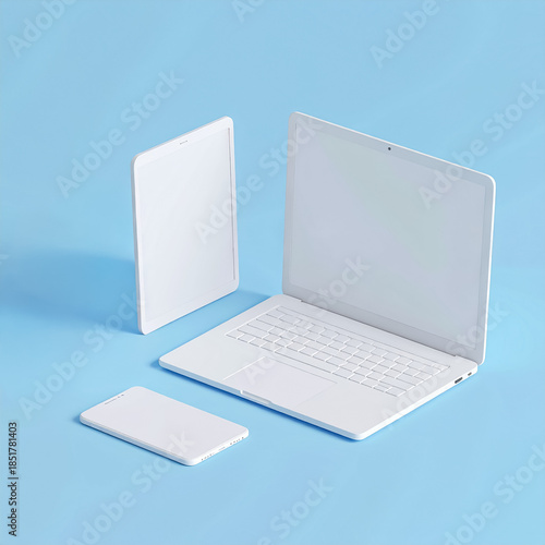 Isometric Minimalist White Clay Mockup Set of Laptop Tablet and Phone on Pastel Blue Background - UI Design Display