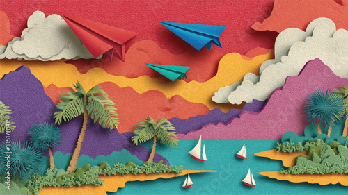 colorful paper cutout landscape with palm trees and sailboats on water