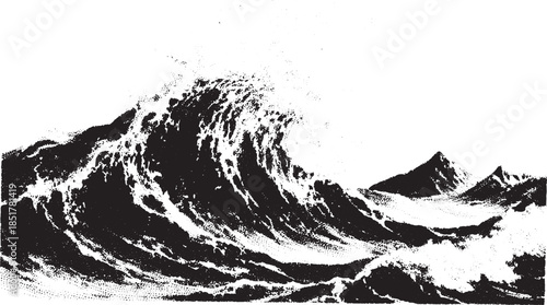 Wave illustration in monochrome style. Dynamic vector artwork of crashing water against mountains in a scenic ocean set.