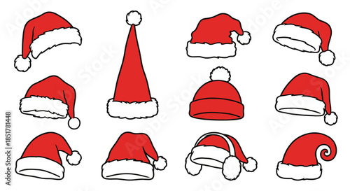 Cartoon Santa Hat Vector Sticker Set with Holly Berry. Cute Red Christmas Cap Collection with Bold Outline for Emoji, Badge, Patch, and Holiday Icon Design.