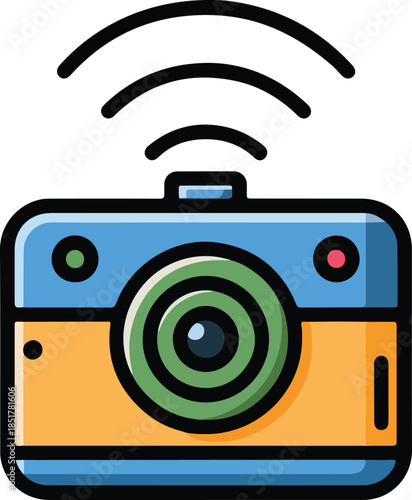 Colorful wireless digital camera icon with Wi-Fi transmission signal.
