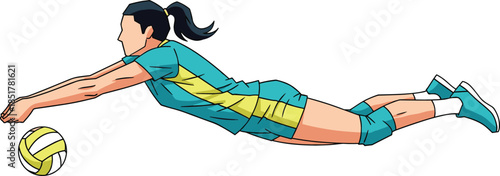 Female volleyball player in teal and yellow uniform performing dynamic diving save vector illustration for sports team branding.