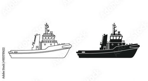 Detailed illustration of two tugboats one in outline and one as a dark silhouette