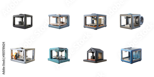 Collection of diverse compact desktop 3d printers and manufacturing devices rendered in 3d on transparent background