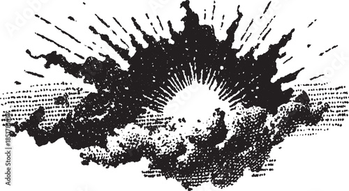 Black cloud silhouette with sun rays. Vector illustration featuring artistic design and abstract textures in a creative style.