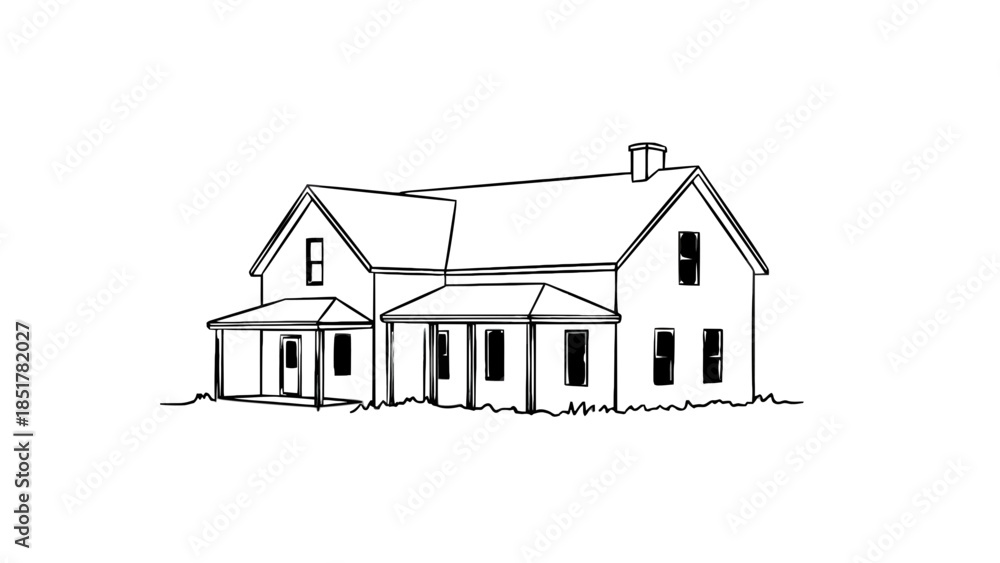 Fototapeta premium A simple sketch depicts a two-story house with a porch.