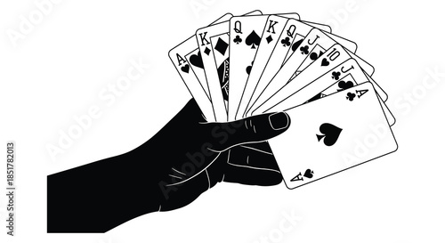 A hand holding playing cards in a stark black and white illustration silhouette