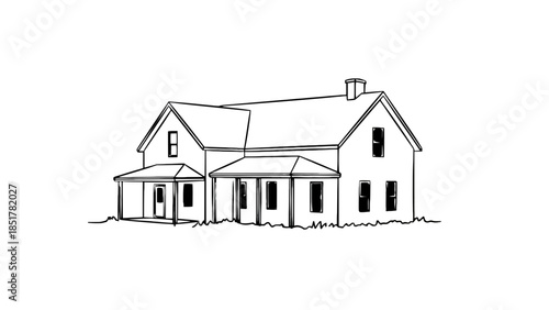 A simple sketch depicts a two-story house with a porch.