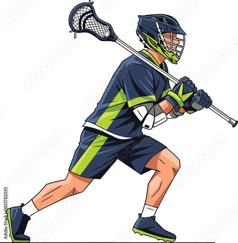 Lacrosse player in navy blue and lime green uniform holding stick vector illustration for sports team branding.