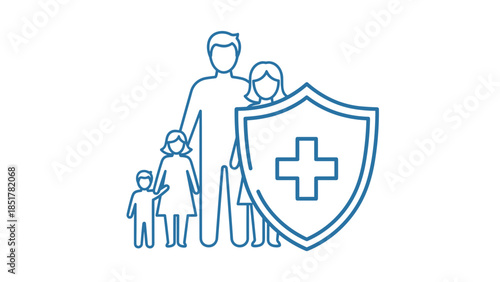 Line art icon symbolizing family health insurance and medical protection, featuring parents, children, and a healthcare shield, highlighting collective wellbeing and security