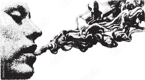 Profile face exhaling smoke in abstract art style. Black and white vector illustration with intricate texture, showcasing flow and shape.