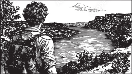 Landscape illustration featuring a person looking over a serene lake surrounded by mountains. This black and white vector illustration captures nature's beauty.