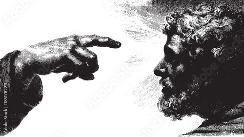 Hand reaching toward a human head in vintage style. Classic black and white vector illustration with artistic detail.