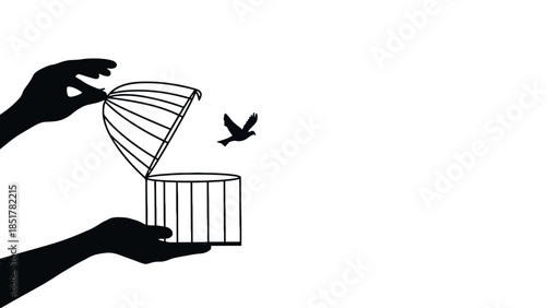Silhouette hands opening a birdcage, releasing a bird into the sky.