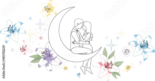 Line art couple sitting on crescent moon surrounded by lilies and stars vector illustration for romantic wedding stationery.