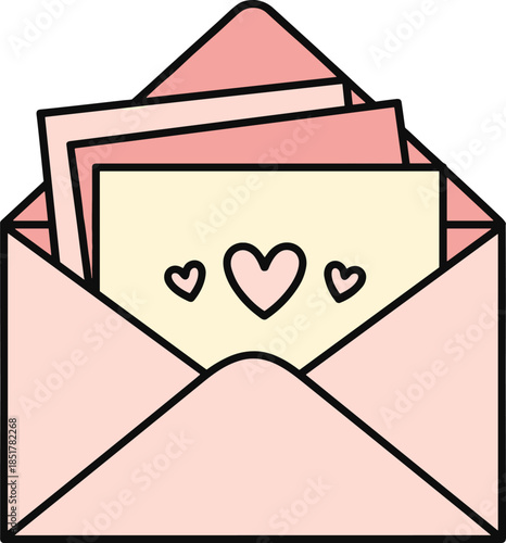 Pink open envelope with love letters and heart icons vector illustration for Valentine's Day and romantic correspondence.
