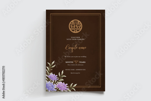 WEDDING INVITATION FRAME WITH FLOWER DECORATIONS AND FRESH LEAVES