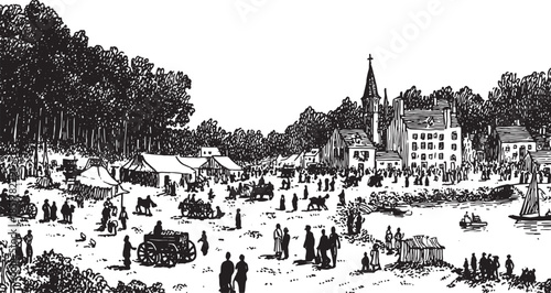 Historical town scene with people gathered at a market. The black-and-white vector illustration shows various buildings and tents, creating a vintage set.