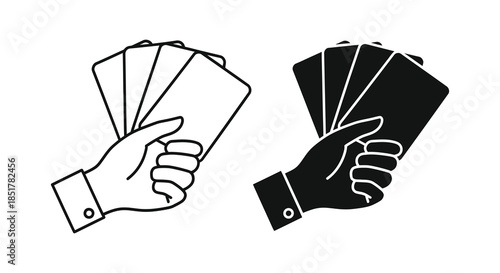 Hands displaying playing cards in both outline and dark silhouette style