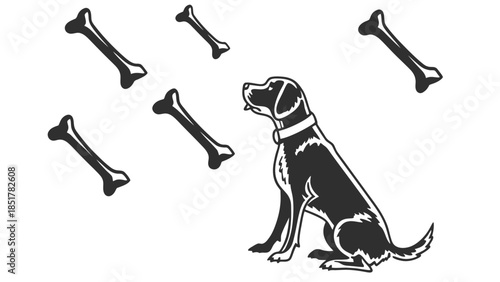 A black dog sits and looks up at several falling dog bones.